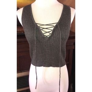 Dark grey sweater lace up crop top